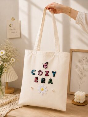 Handmade Cozy Era Canvas Tote Bag with Butterfly & Daisy
